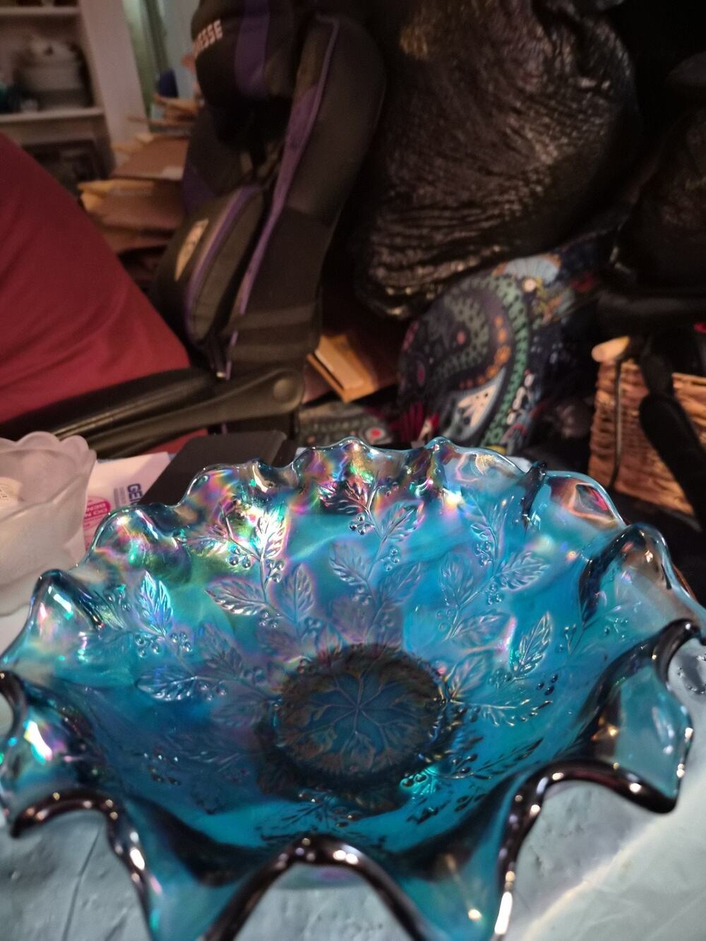Vintage Fenton carnivsl glass Ruffled Bowl In Teal/blue color With The Holly